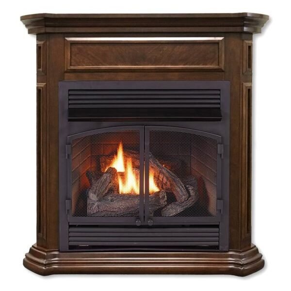 Duluth Forge Dual Fuel Ventless Gas Fireplace With Mantel – 32,000 BTU, T-Stat Control, Nutmeg Finish – Model# DFS-400T-4NG