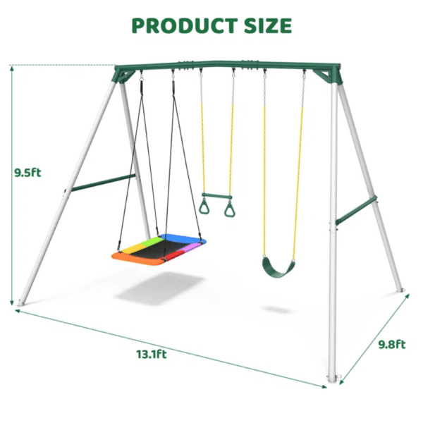 9.5′ Heavy Duty Metal Swing Set with Belt Swing, Trapeze Bar